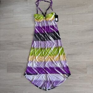 XL Halter Maxi Dress Purple Green Beaded High Low NWT Mardi Gras vacation Spring